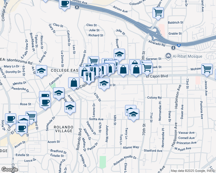 map of restaurants, bars, coffee shops, grocery stores, and more near 6740 Amherst Street in San Diego