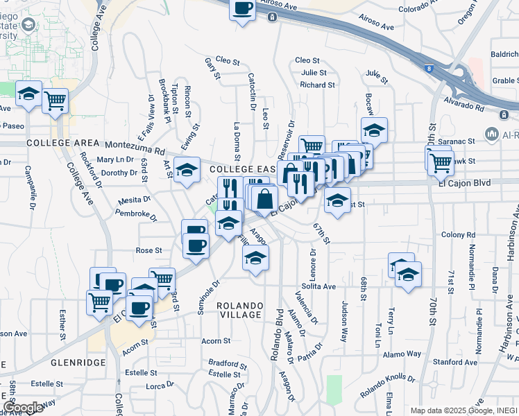 map of restaurants, bars, coffee shops, grocery stores, and more near 6556 El Cajon Boulevard in San Diego