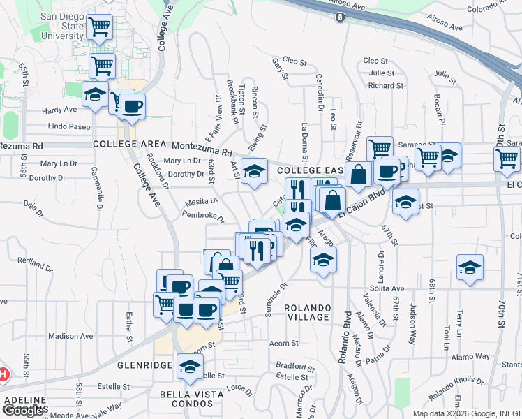 map of restaurants, bars, coffee shops, grocery stores, and more near 500 64th Street in San Diego