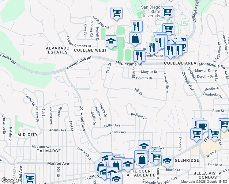 map of restaurants, bars, coffee shops, grocery stores, and more near 5407 Baja Drive in San Diego