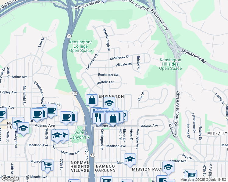 map of restaurants, bars, coffee shops, grocery stores, and more near 4137 Lymer Drive in San Diego