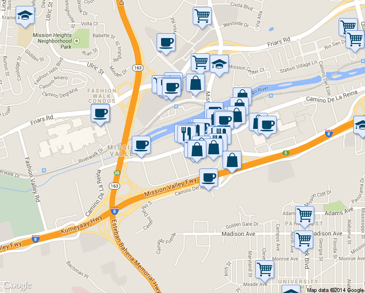 map of restaurants, bars, coffee shops, grocery stores, and more near 720 Camino De La Reina in San Diego