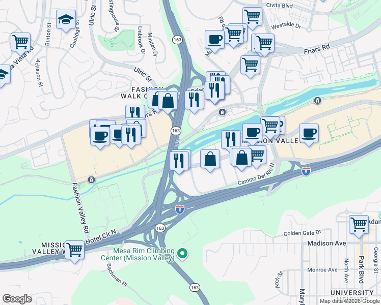 map of restaurants, bars, coffee shops, grocery stores, and more near 510 Camino De La Reina in San Diego