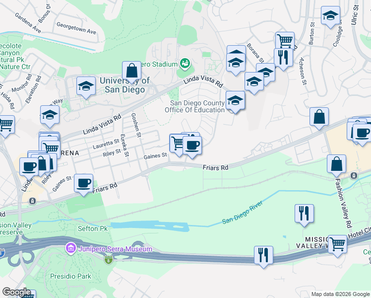 map of restaurants, bars, coffee shops, grocery stores, and more near 6365 Caminito Basilio in San Diego