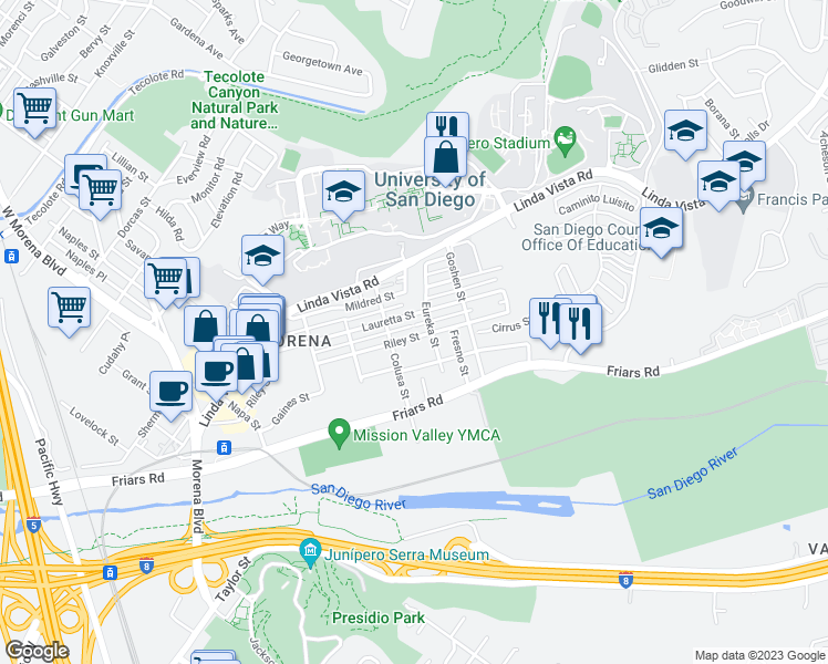 map of restaurants, bars, coffee shops, grocery stores, and more near 5772 Riley Street in San Diego