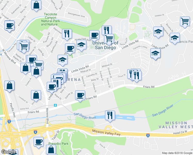 map of restaurants, bars, coffee shops, grocery stores, and more near 5772 Riley Street in San Diego