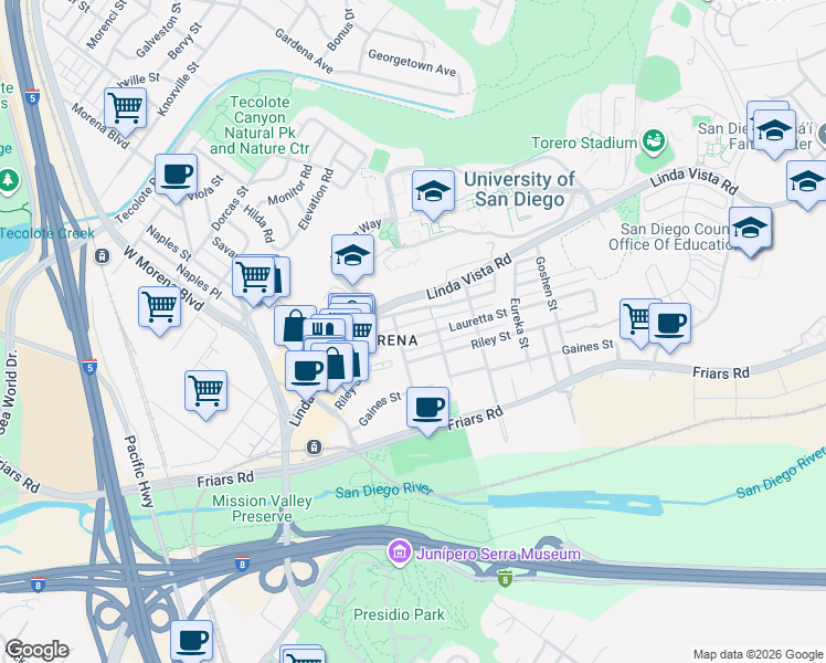 map of restaurants, bars, coffee shops, grocery stores, and more near in San Diego