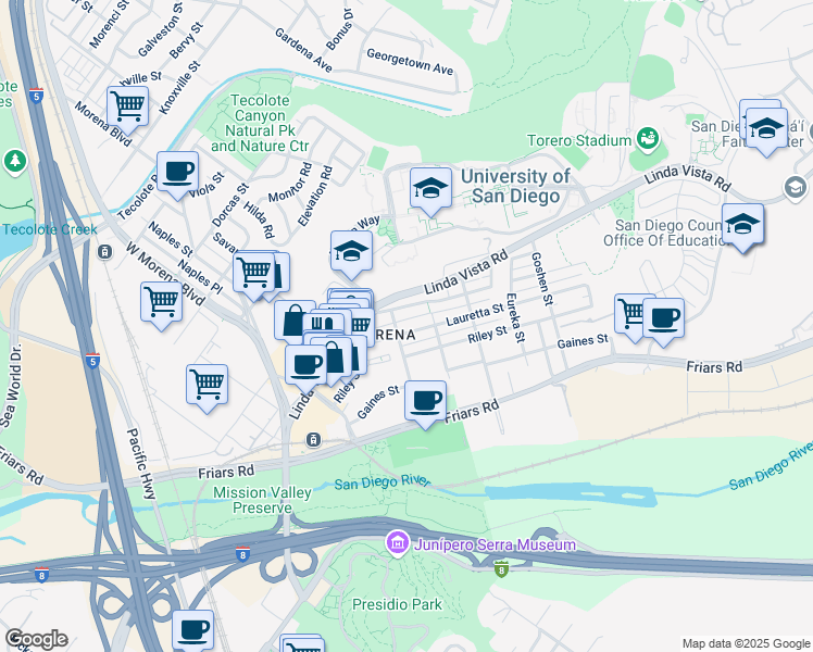 map of restaurants, bars, coffee shops, grocery stores, and more near in San Diego