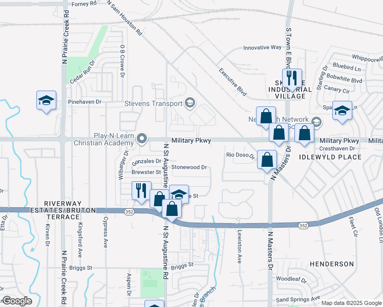 map of restaurants, bars, coffee shops, grocery stores, and more near 9600 Military Parkway in Dallas