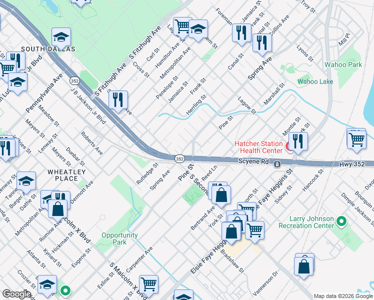 map of restaurants, bars, coffee shops, grocery stores, and more near 3600 Spring Avenue in Dallas