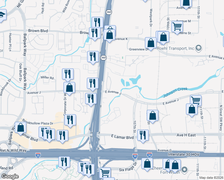 map of restaurants, bars, coffee shops, grocery stores, and more near 578 East Avenue J in Grand Prairie