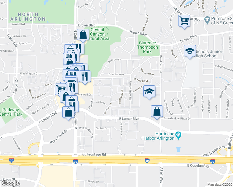 map of restaurants, bars, coffee shops, grocery stores, and more near 2103 Horizon Trail in Arlington