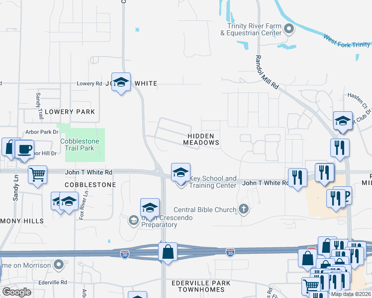 map of restaurants, bars, coffee shops, grocery stores, and more near 7952 Meadow View Tr in Fort Worth