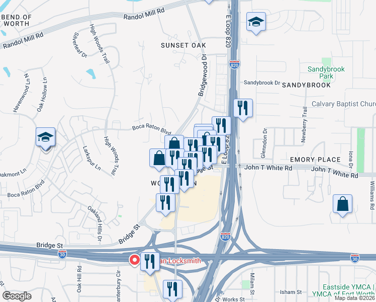 map of restaurants, bars, coffee shops, grocery stores, and more near 6500 Boca Raton Boulevard in Fort Worth