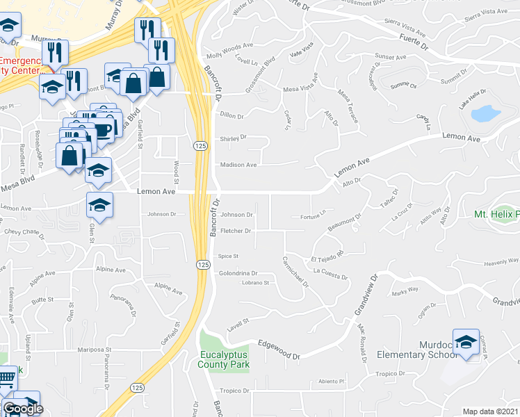 map of restaurants, bars, coffee shops, grocery stores, and more near 9174 Johnson Drive in La Mesa