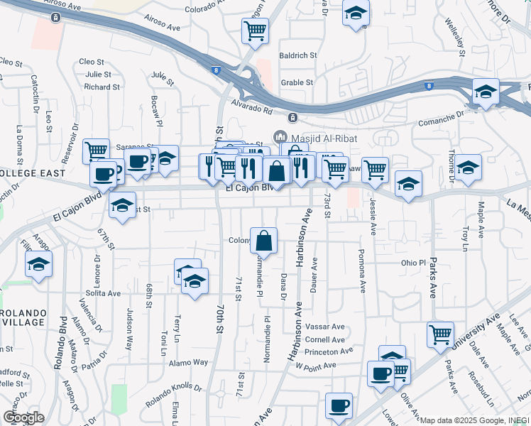 map of restaurants, bars, coffee shops, grocery stores, and more near 4875-77 Normandie Place in La Mesa