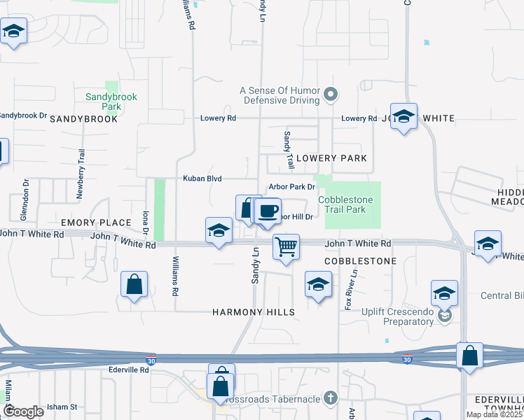 map of restaurants, bars, coffee shops, grocery stores, and more near 7400 Arbor Hill Drive in Fort Worth