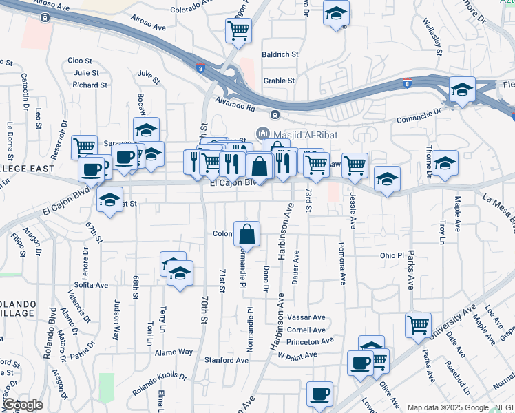 map of restaurants, bars, coffee shops, grocery stores, and more near 7151 Amherst Street in La Mesa