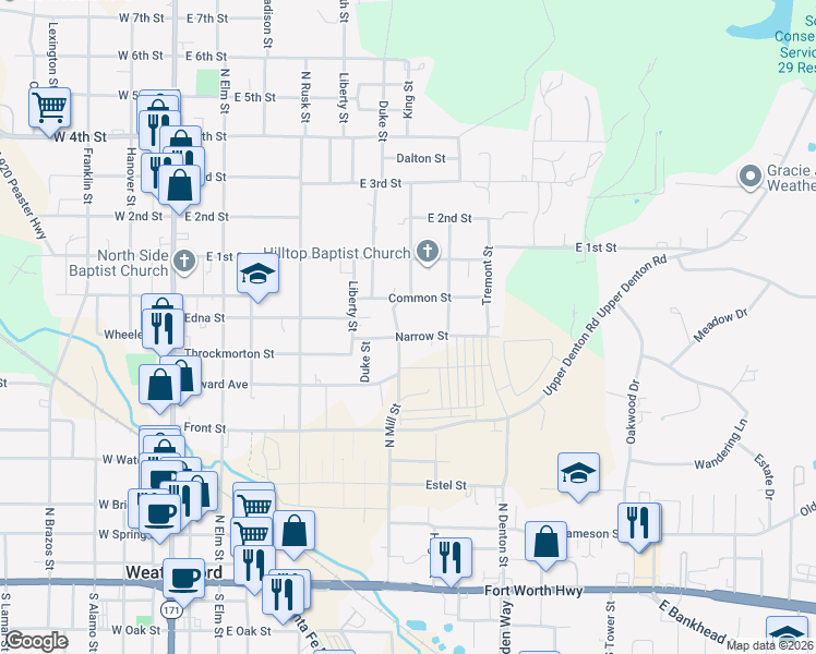 map of restaurants, bars, coffee shops, grocery stores, and more near 701 Narrow Street in Weatherford