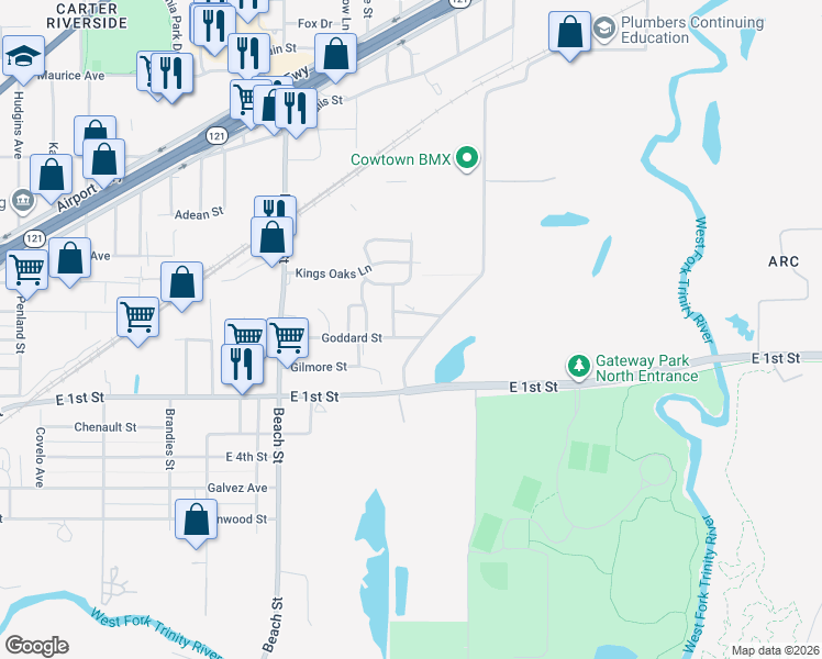 map of restaurants, bars, coffee shops, grocery stores, and more near 4413 Goddard Road in Fort Worth