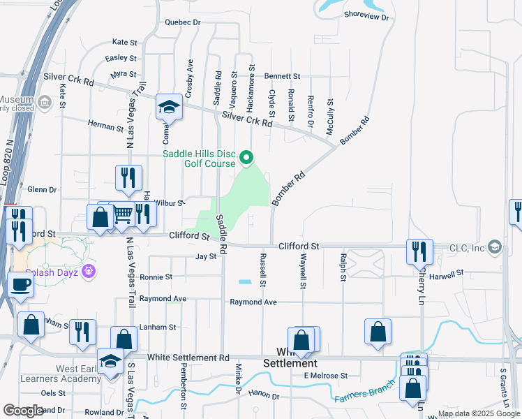 map of restaurants, bars, coffee shops, grocery stores, and more near 527 Bomber Road in Fort Worth