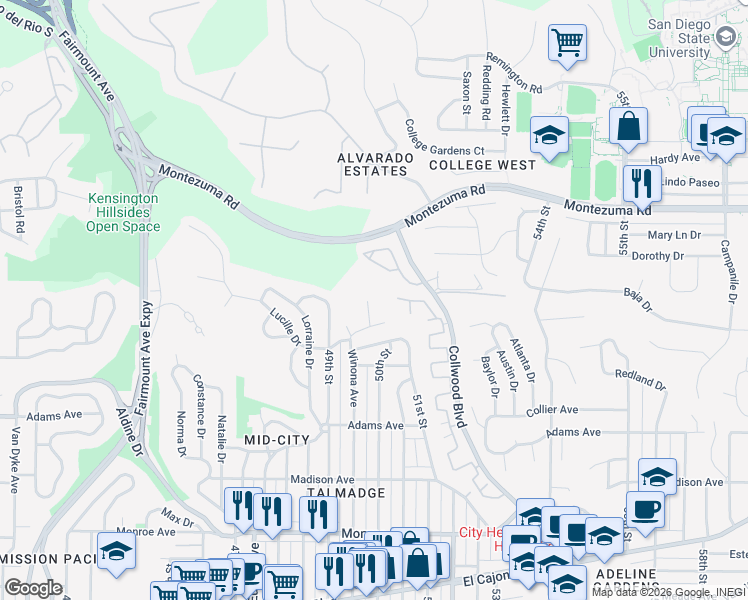 map of restaurants, bars, coffee shops, grocery stores, and more near 4881 Lucille Place in San Diego