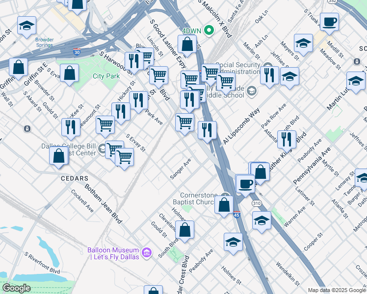 map of restaurants, bars, coffee shops, grocery stores, and more near 2515 South Harwood Street in Dallas