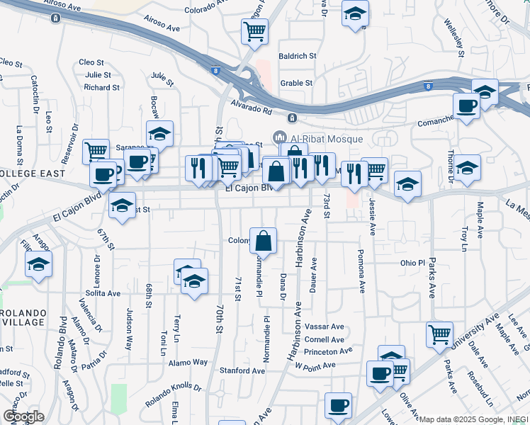 map of restaurants, bars, coffee shops, grocery stores, and more near 7151 Amherst Street in La Mesa