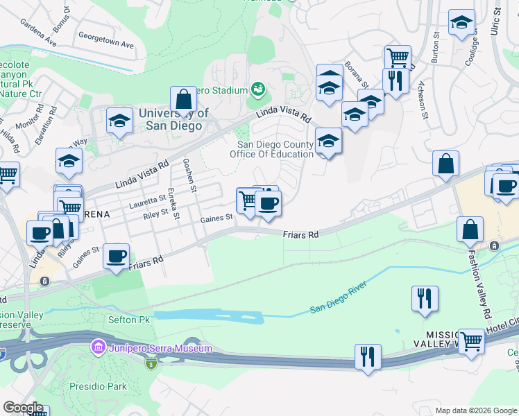map of restaurants, bars, coffee shops, grocery stores, and more near 6365 Caminito Basilio in San Diego