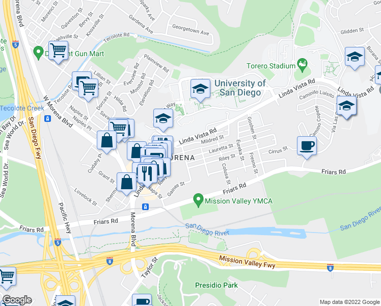 map of restaurants, bars, coffee shops, grocery stores, and more near in San Diego