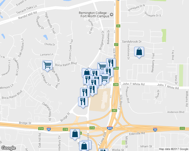 map of restaurants, bars, coffee shops, grocery stores, and more near 6500 Boca Raton Boulevard in Fort Worth
