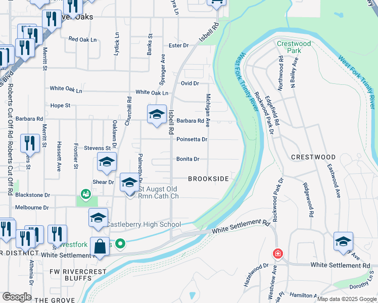 map of restaurants, bars, coffee shops, grocery stores, and more near 4404 Bonita Drive in Fort Worth