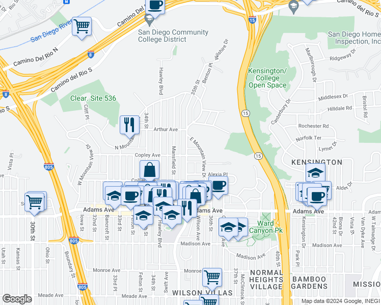 map of restaurants, bars, coffee shops, grocery stores, and more near 3512 Copley Avenue in San Diego