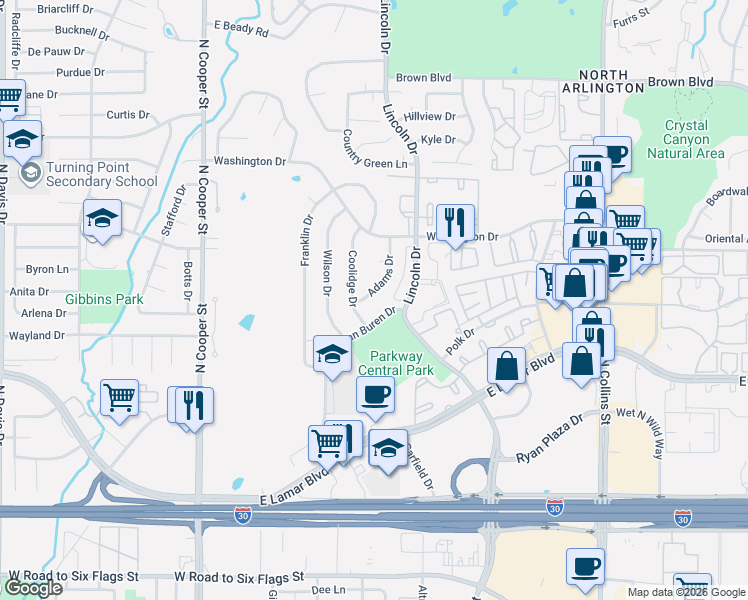 map of restaurants, bars, coffee shops, grocery stores, and more near 2105 Adams Drive in Arlington