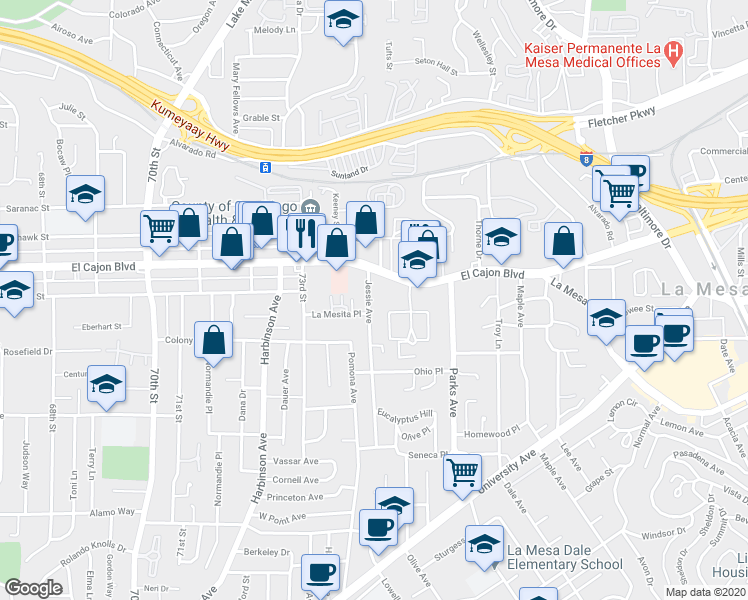 map of restaurants, bars, coffee shops, grocery stores, and more near 4841 Jessie Avenue in La Mesa