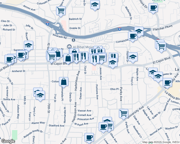 map of restaurants, bars, coffee shops, grocery stores, and more near 7334 La Mesita Place in La Mesa