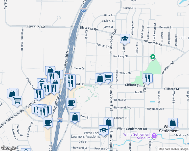 map of restaurants, bars, coffee shops, grocery stores, and more near 519 Easley Street in Fort Worth