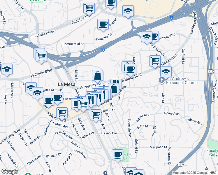 map of restaurants, bars, coffee shops, grocery stores, and more near 4850-52 Cypress Street in La Mesa