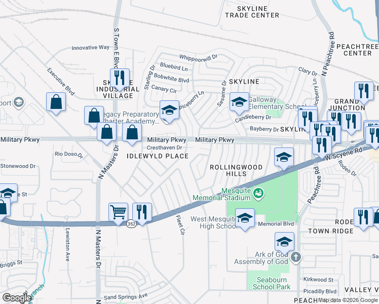 map of restaurants, bars, coffee shops, grocery stores, and more near 110 Idlewyld Drive in Mesquite