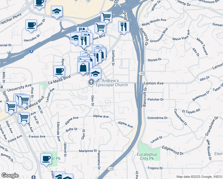 map of restaurants, bars, coffee shops, grocery stores, and more near 4870 Garfield Street in La Mesa