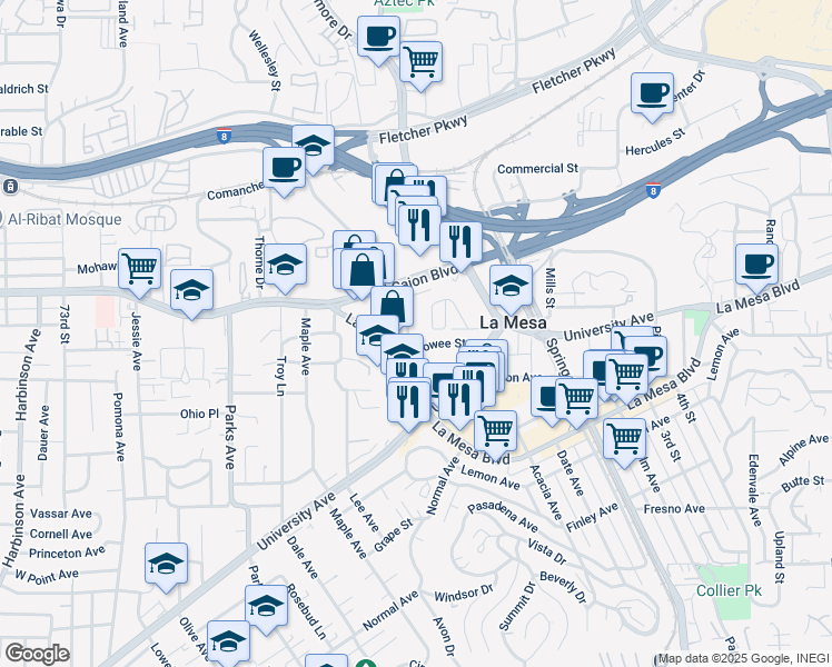 map of restaurants, bars, coffee shops, grocery stores, and more near 4891 Clearview Way in La Mesa