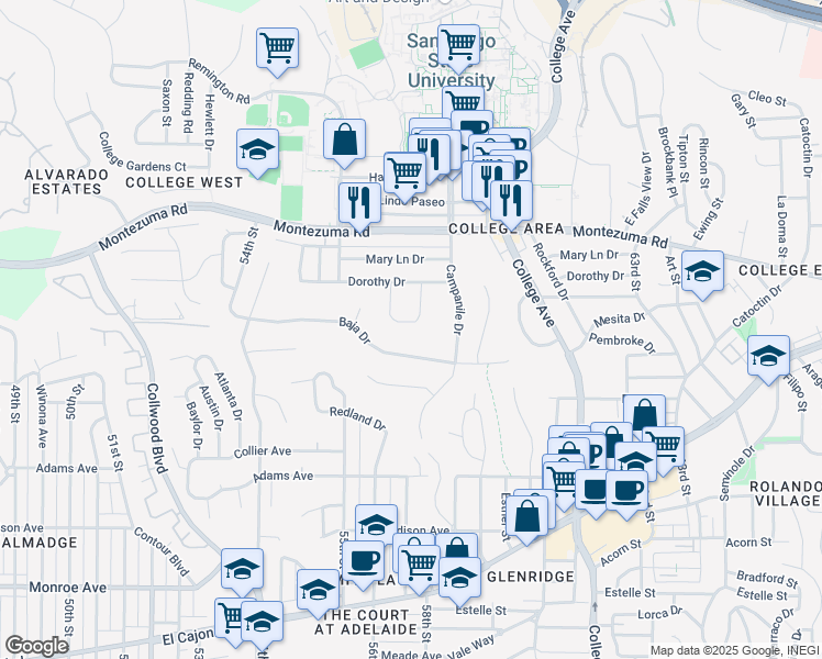 map of restaurants, bars, coffee shops, grocery stores, and more near 5643 Dorothy Way in San Diego