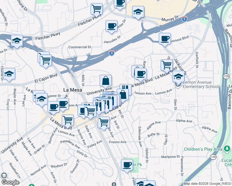 map of restaurants, bars, coffee shops, grocery stores, and more near 4847 Cypress Street in La Mesa