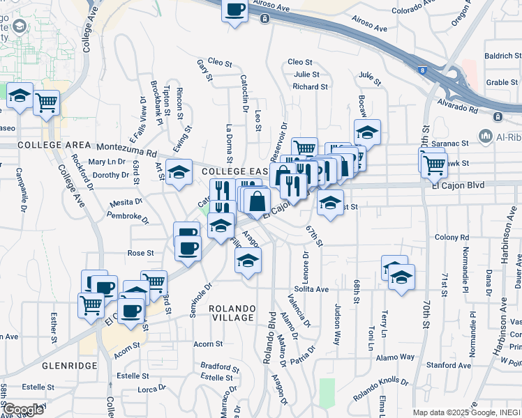 map of restaurants, bars, coffee shops, grocery stores, and more near 6556 El Cajon Boulevard in San Diego