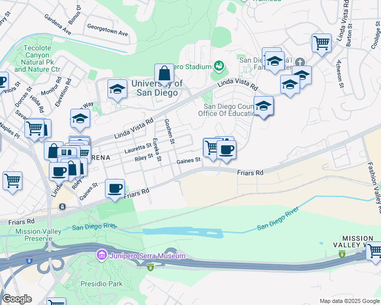 map of restaurants, bars, coffee shops, grocery stores, and more near 6001 Cirrus Street in San Diego