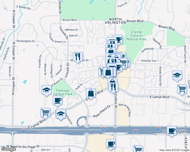 map of restaurants, bars, coffee shops, grocery stores, and more near 765 Polk Drive in Arlington