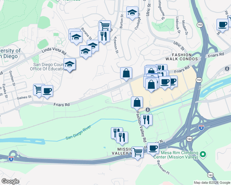 map of restaurants, bars, coffee shops, grocery stores, and more near 6717 Friars Road in San Diego