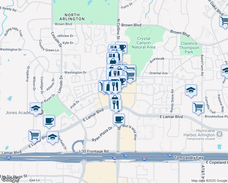 map of restaurants, bars, coffee shops, grocery stores, and more near 2100 North Collins Street in Arlington