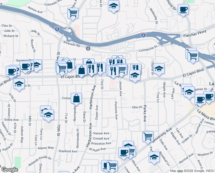 map of restaurants, bars, coffee shops, grocery stores, and more near 7334 La Mesita Place in La Mesa