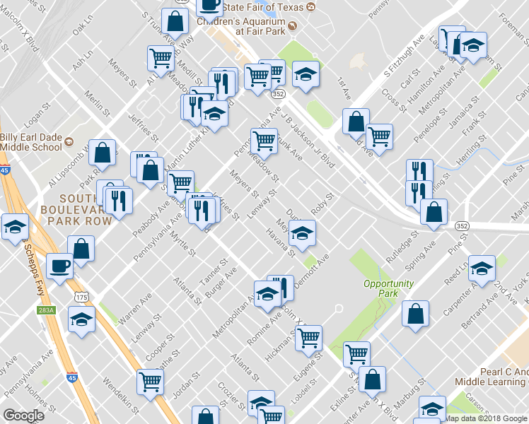 map of restaurants, bars, coffee shops, grocery stores, and more near 3509 Meyers Street in Dallas
